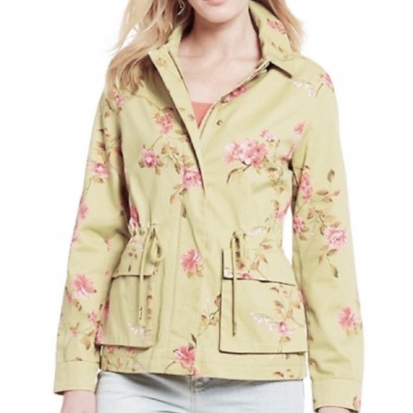 A Loves A Floral Cinched Waist Beige Pink Full Zip Lightweight Jacket Medium - Picture 10 of 12